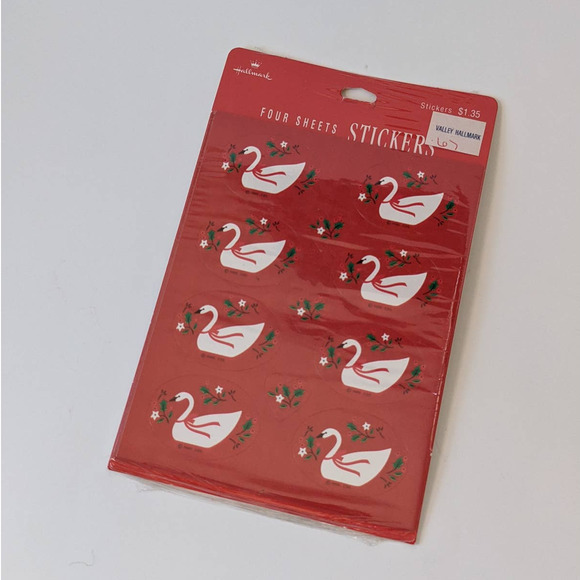 Vintage Hallmark Christmas Stickers, White Swans Green Holly, Red Envelope Seals - Picture 4 of 8